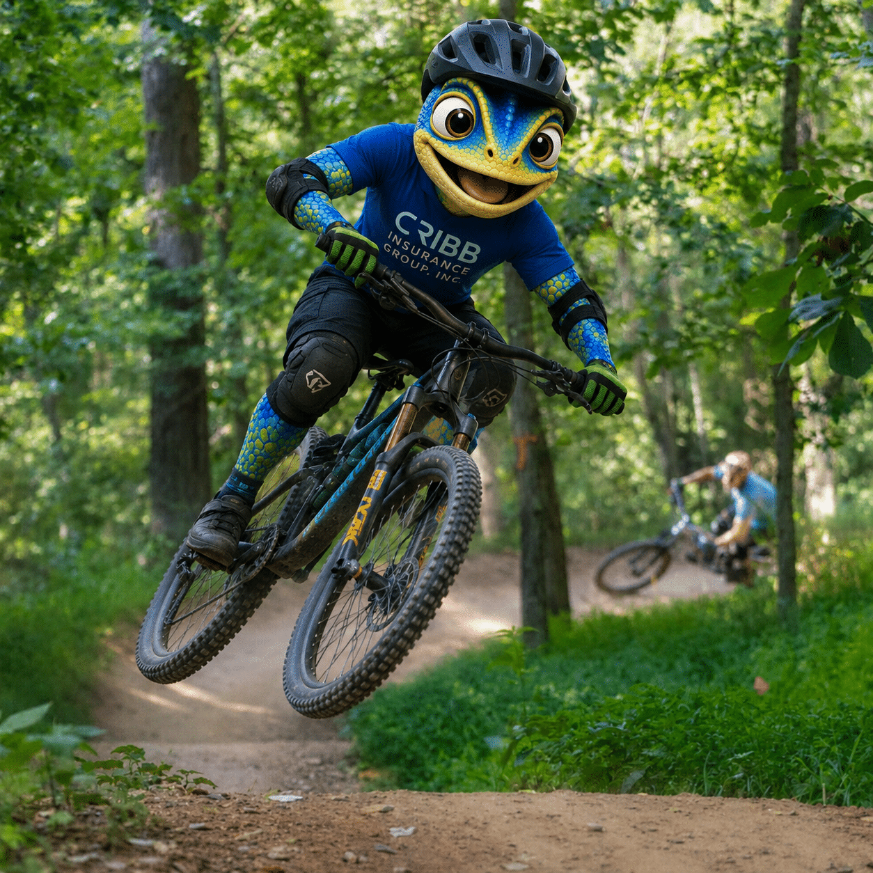 Cribby the chameleon mascot mountain biking at the OZ Trails Bike Park in Bella Vista