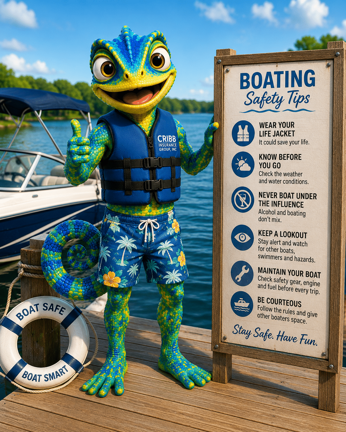 Cribby standing on a dock with boating safety tips wearing a life jacket