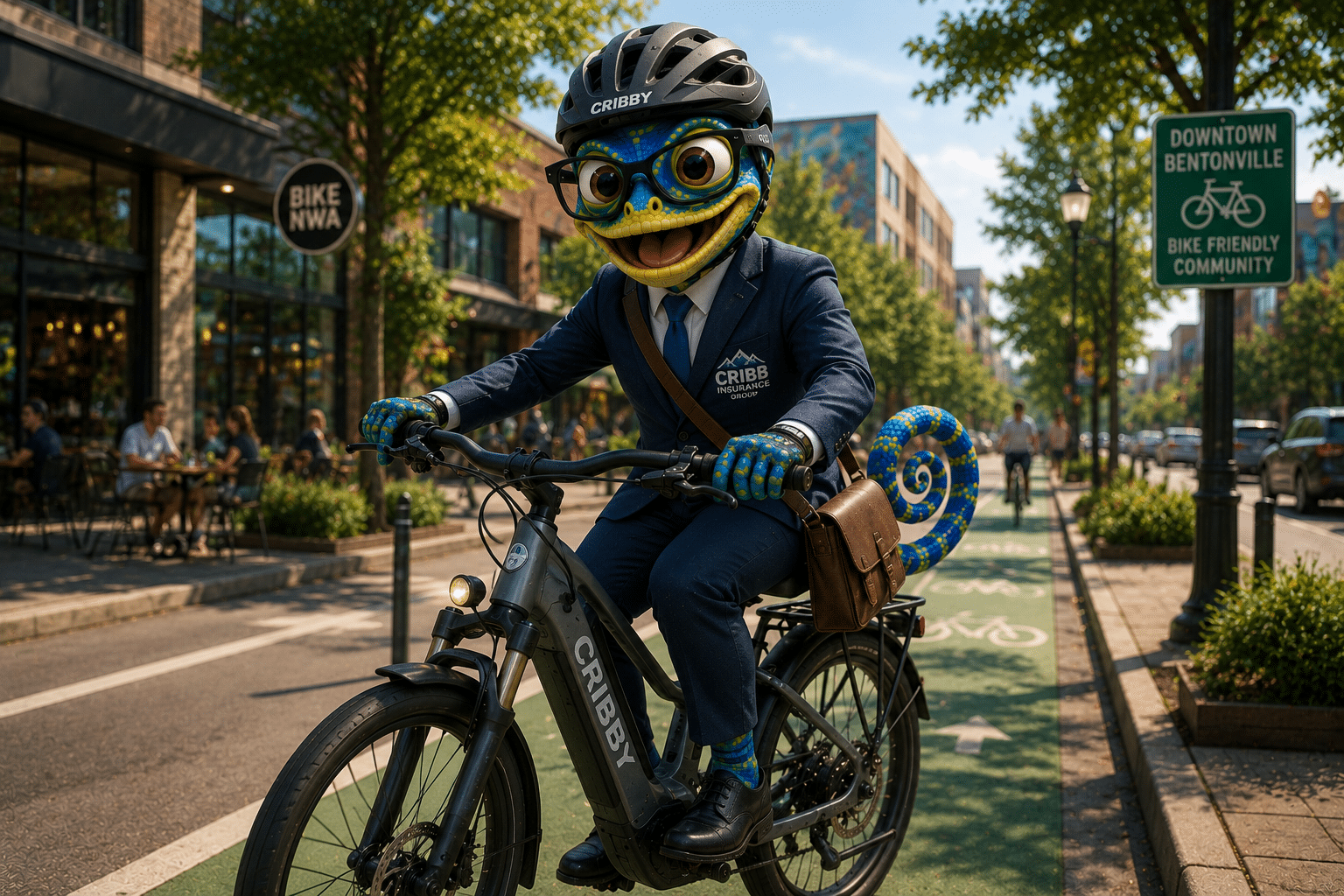 Cribby riding a commuter e-bike in downtown Bentonville wearing a suit