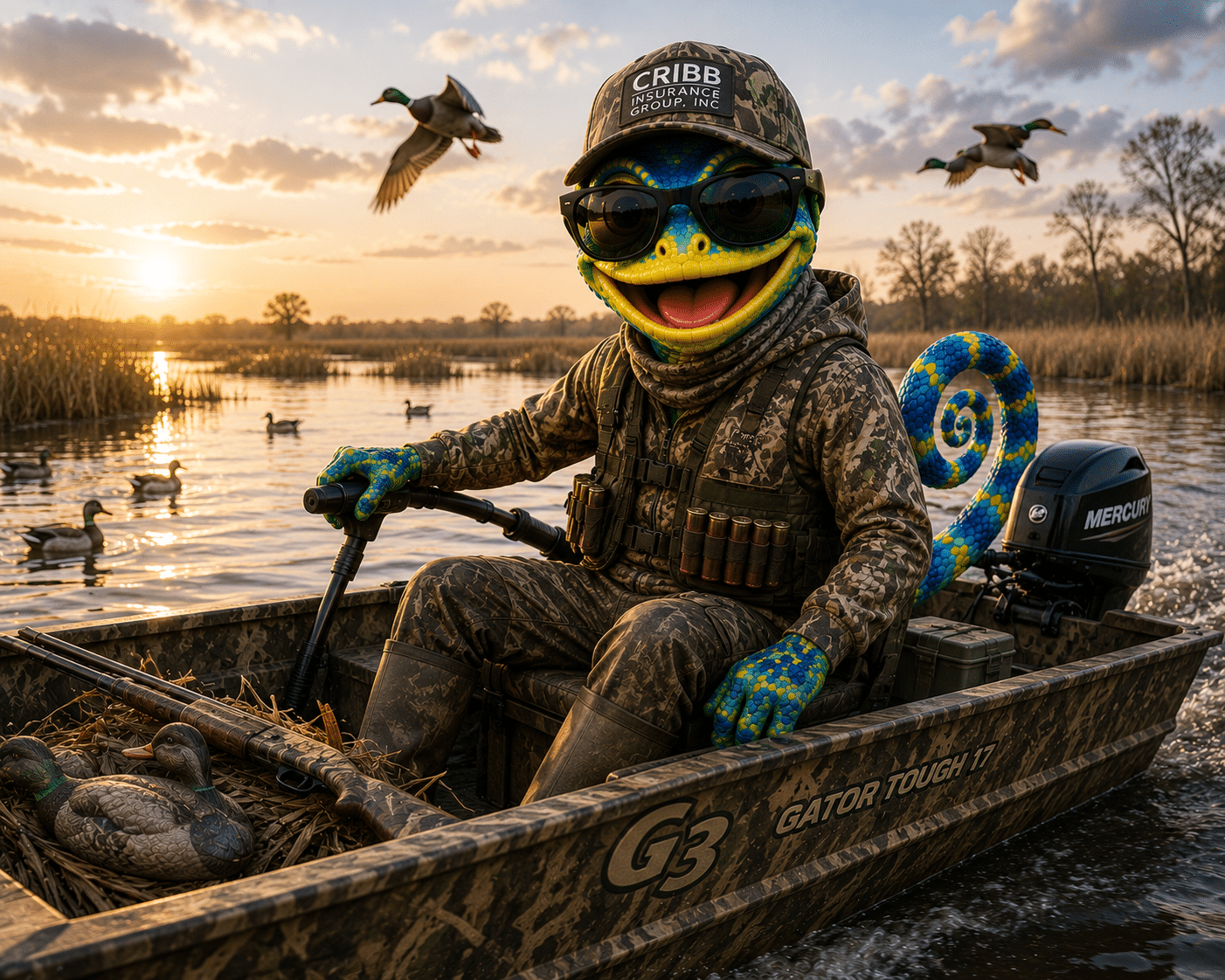 Cribby in a flat bottom hunting boat wearing duck hunting gear