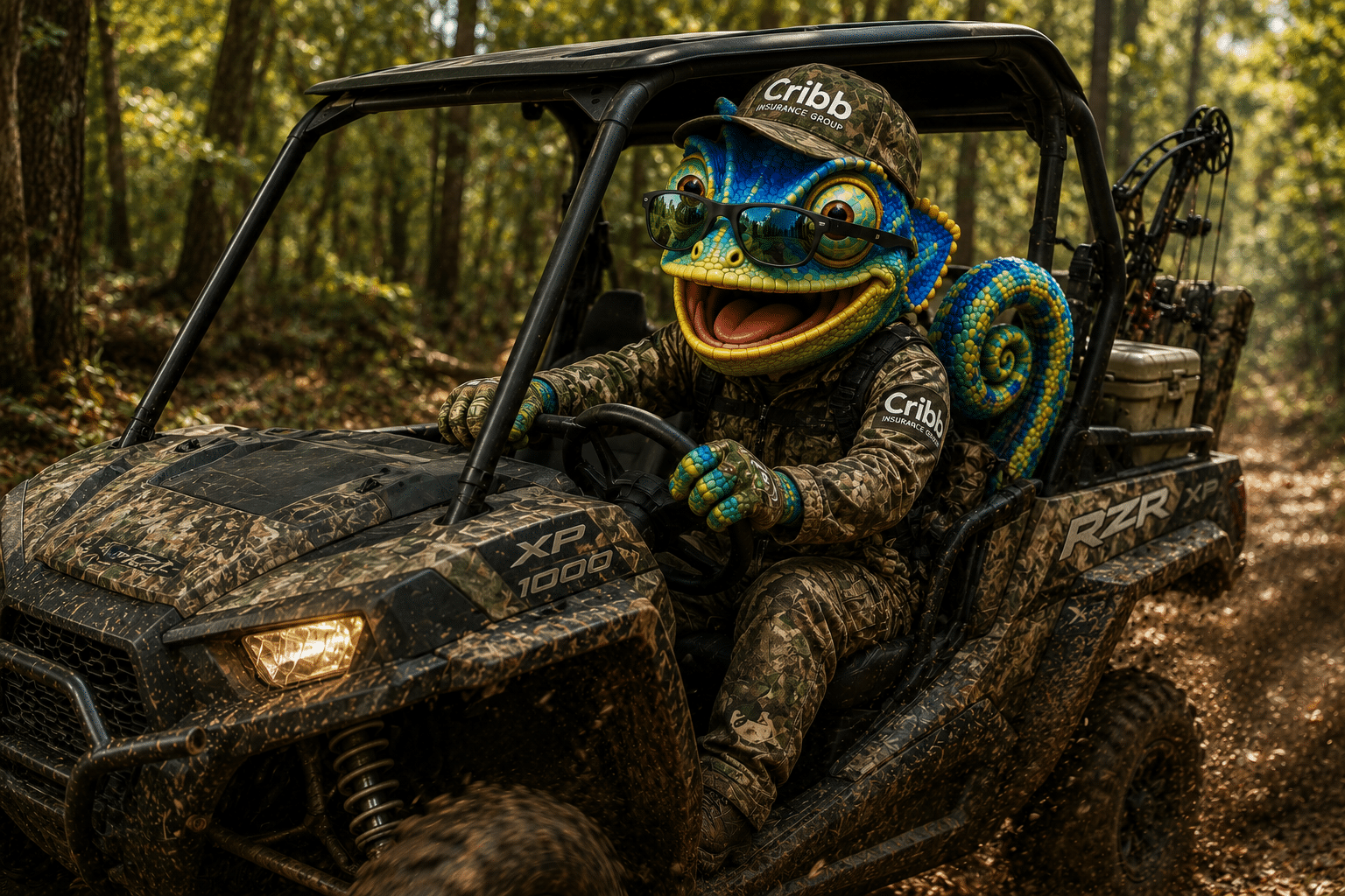 Cribby the Chameleon driving a side-by-side UTV in the woods wearing hunting gear