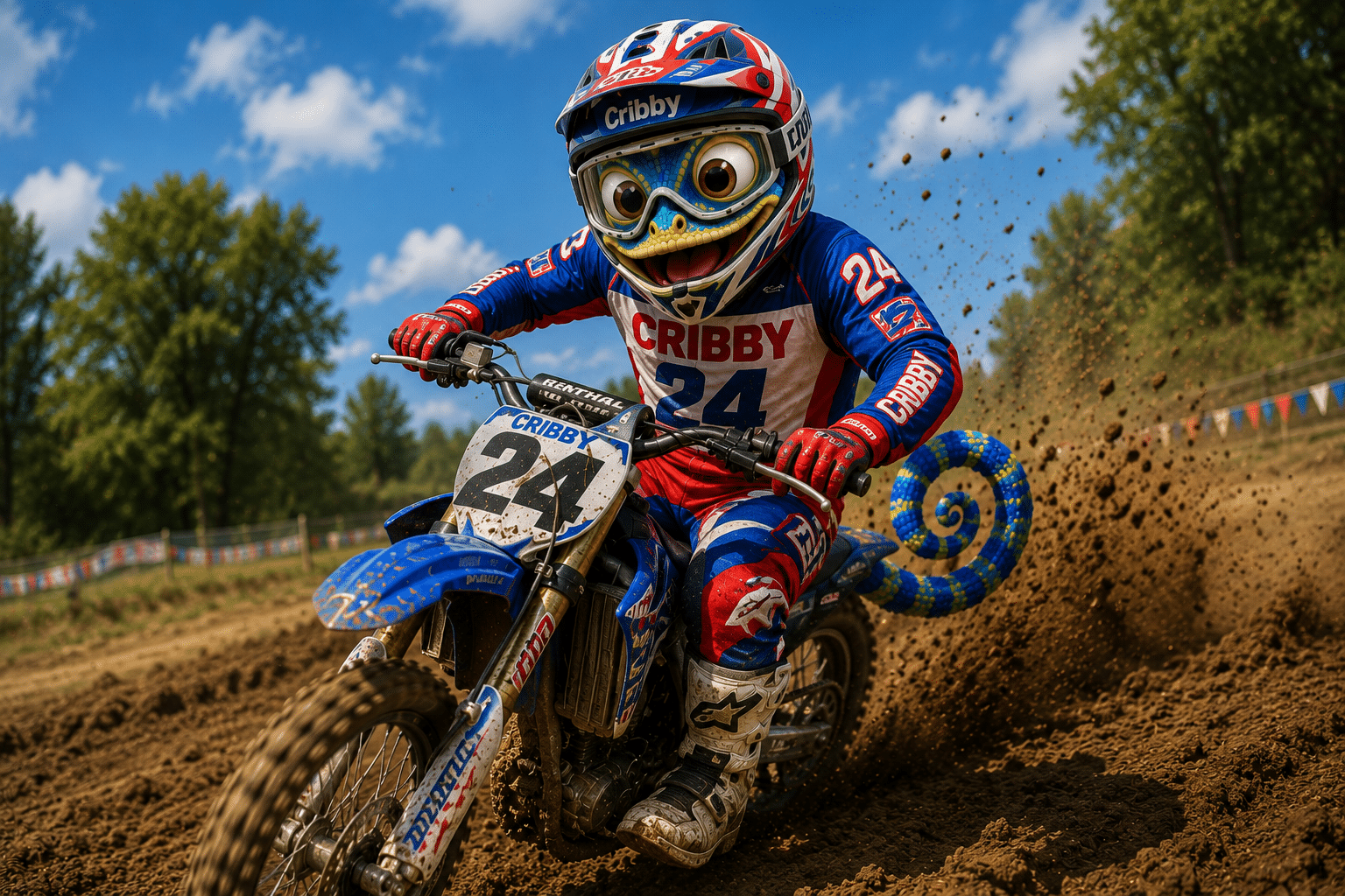 Cribby riding a dirt bike in motocross gear