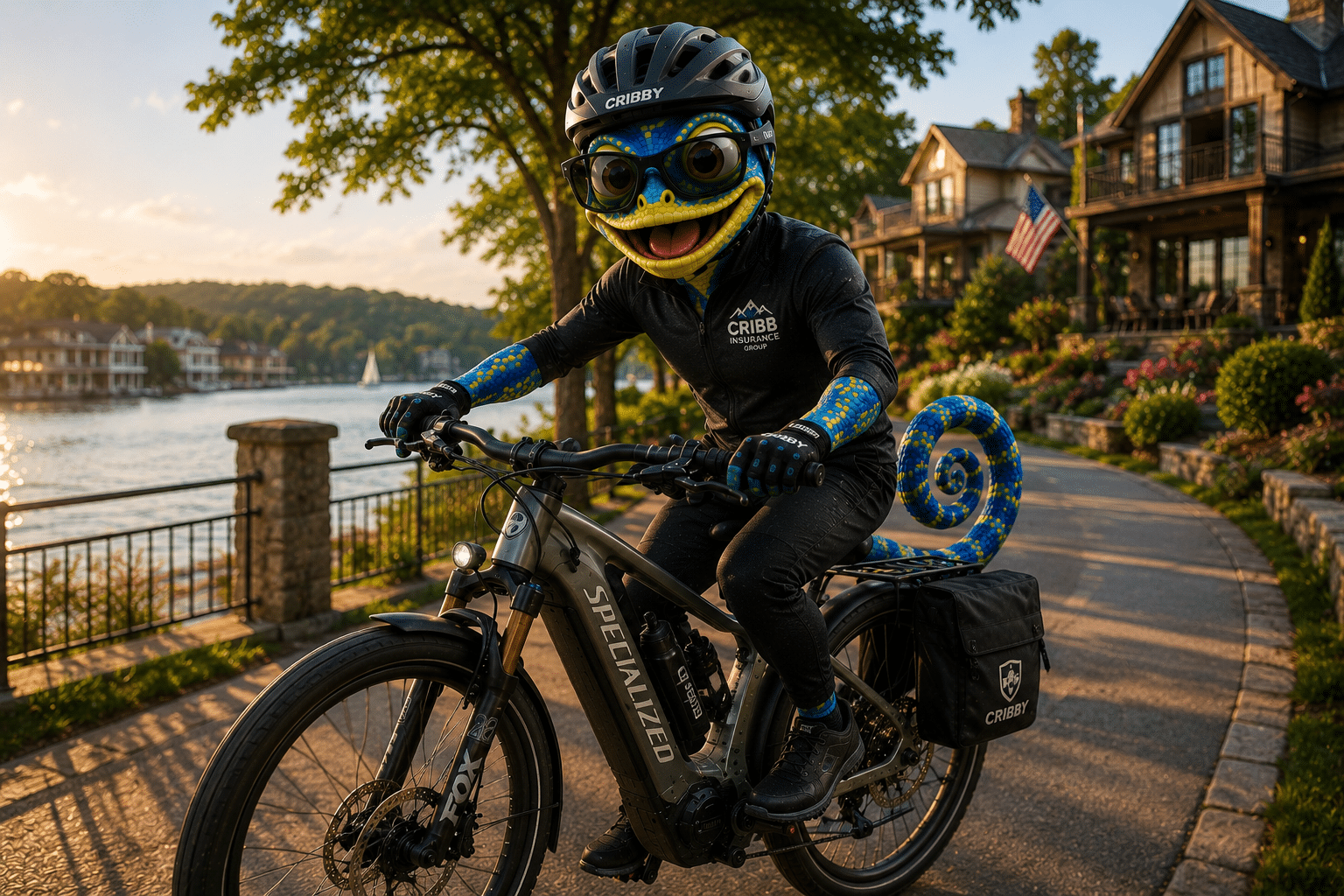 Cribby riding a high-value electric bike near upscale homes