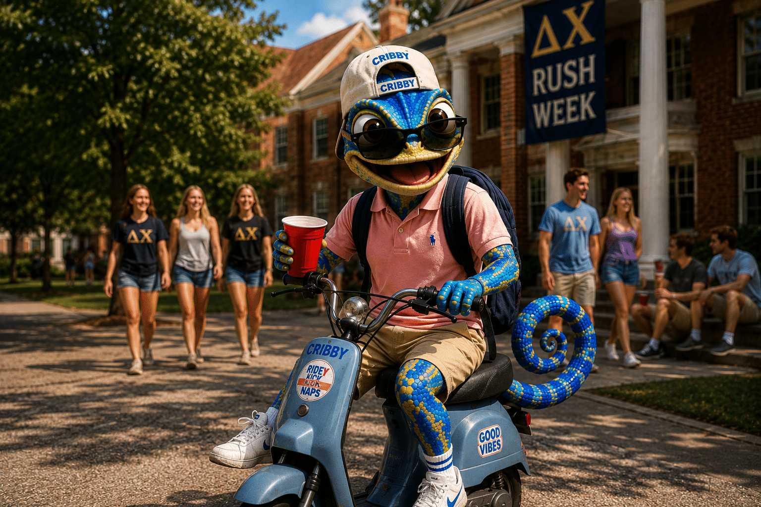 Cribby riding a modern moped on a college campus