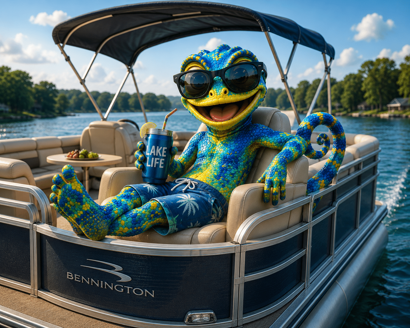Cribby relaxing on a pontoon boat
