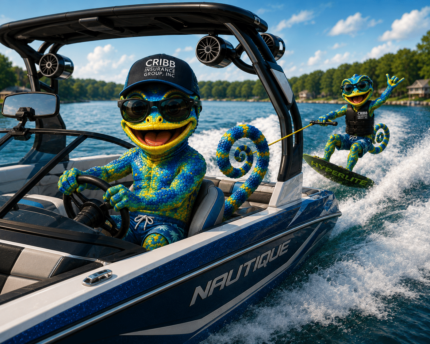 Cribby driving a wake boat pulling another Cribby on a wakeboard